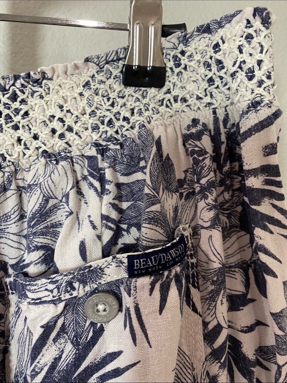 Linen and Rayon Navy Floral Beachy Smocked Waist Wide-Leg  pants - Picture 10 of 11